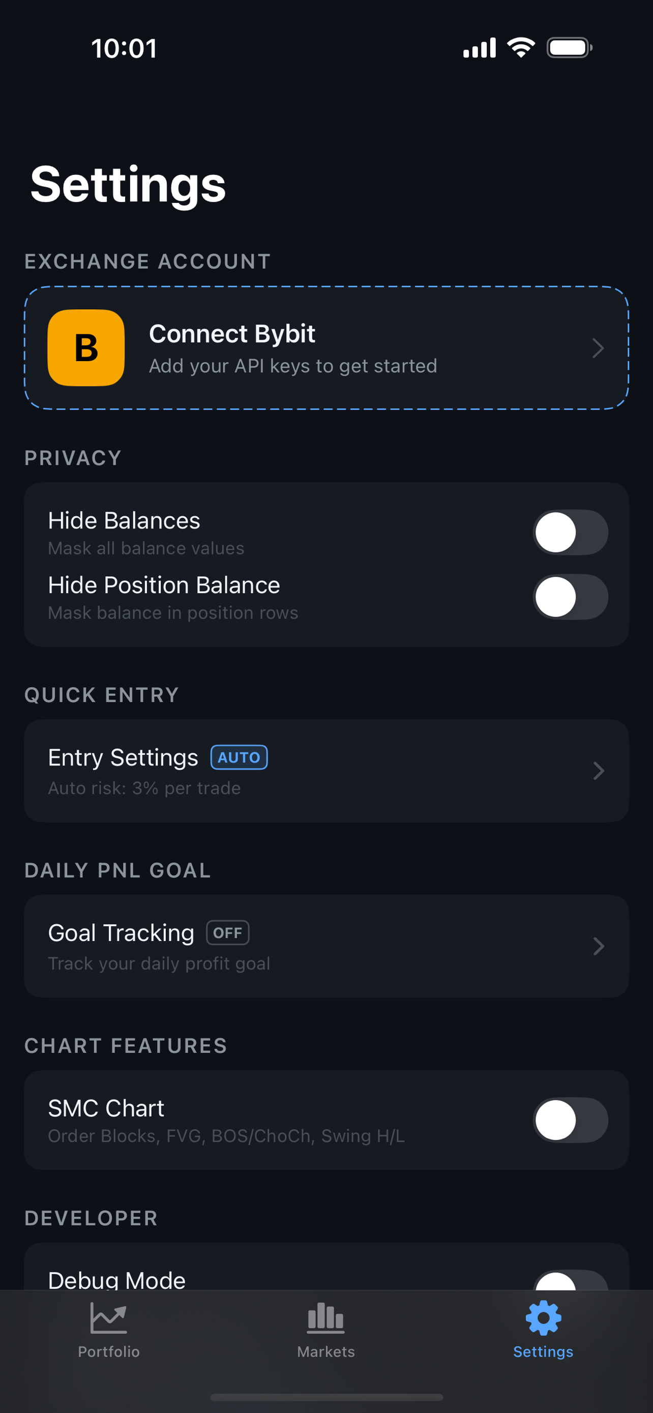 Settings — connect Bybit, privacy controls